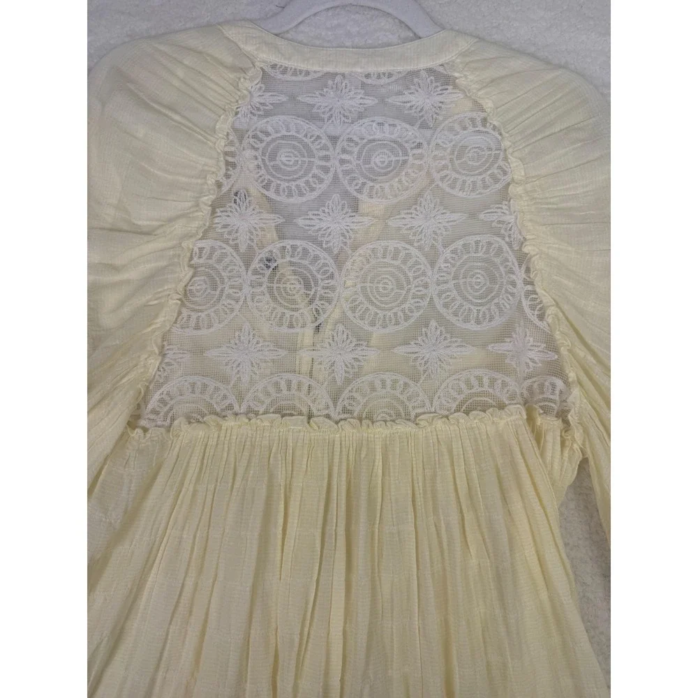 Free People Blouse Womens Small Yellow Sheer‎ Crochet Lace Boho Indie Cottage